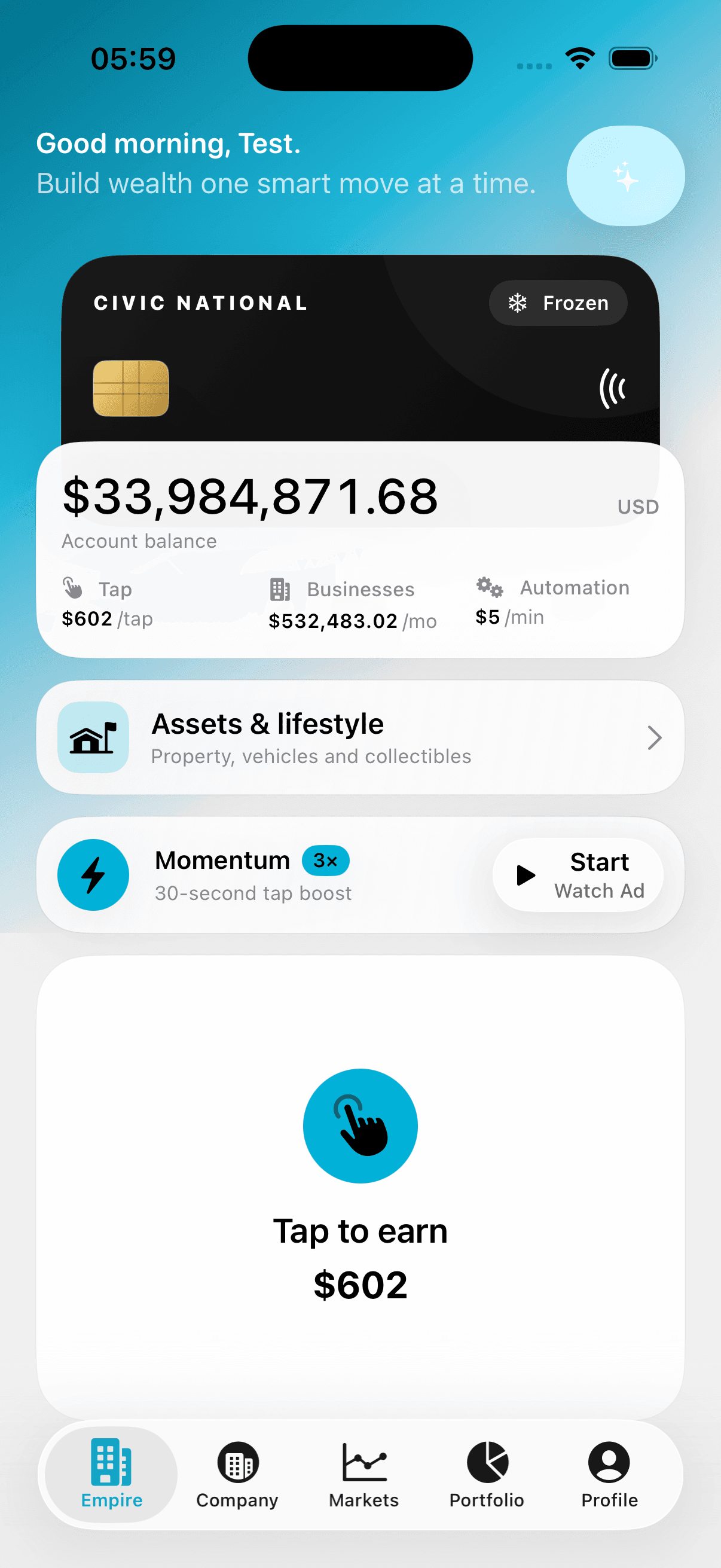 The Empire screen in Desk to Dynasty showing a bank balance, business income, and tap-to-earn controls